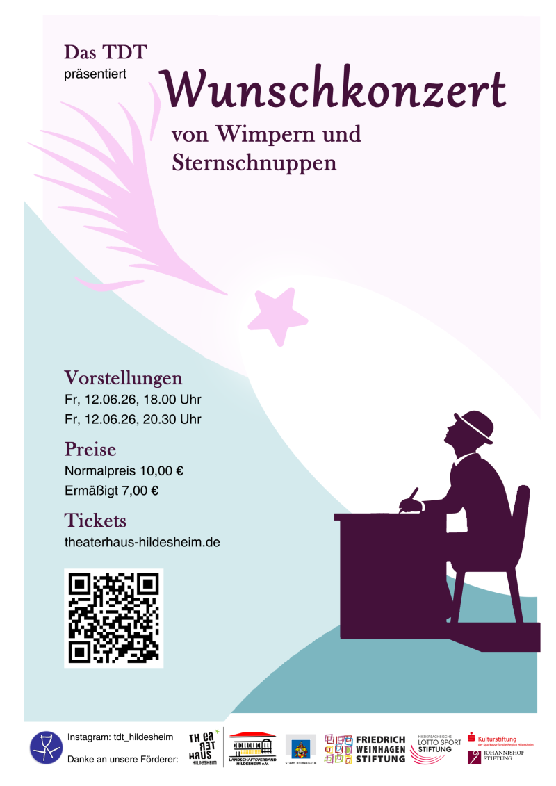 Plakat mit dem Titel 'Wunschkonzert von Wimpern und Sternschnuppen', Silhouette einer schreibenden Person am Schreibtisch, Veranstaltungsdaten, Preise, QR-Code und Logos verschiedener Unterstützer