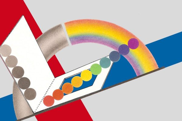 Abstrakte Grafik mit farbigen Kreisen auf weißen Flächen vor rotem und grauem Hintergrund und einem Regenbogenbogen