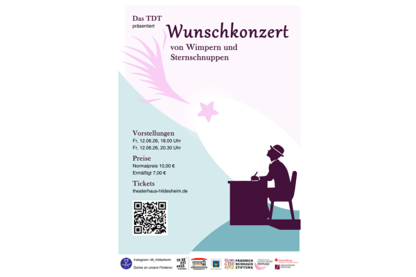 Plakat mit dem Titel 'Wunschkonzert von Wimpern und Sternschnuppen', Silhouette einer schreibenden Person am Schreibtisch, Veranstaltungsdaten, Preise, QR-Code und Logos verschiedener Unterstützer