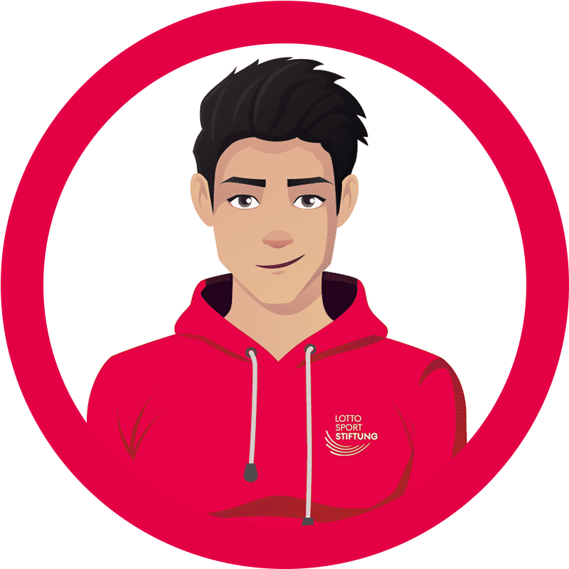 Illustration des digitalen Fördermittelberaters Nielss mit schwarzem Haar und rotem Kapuzenpullover der Lotto-Sport-Stiftung.