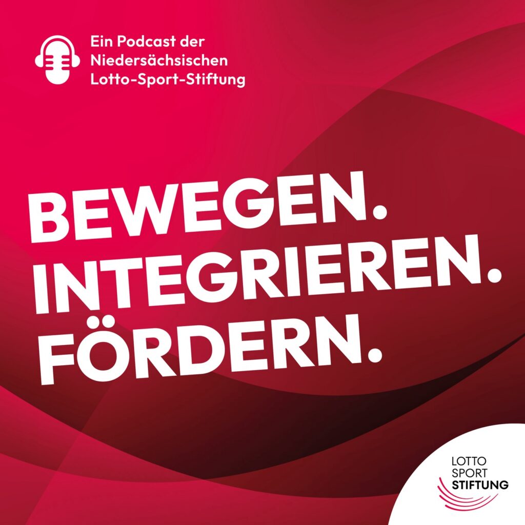 Podcast-Cover „Bewegen.Integrieren.Fördern.“ auf rotem Hintergrund