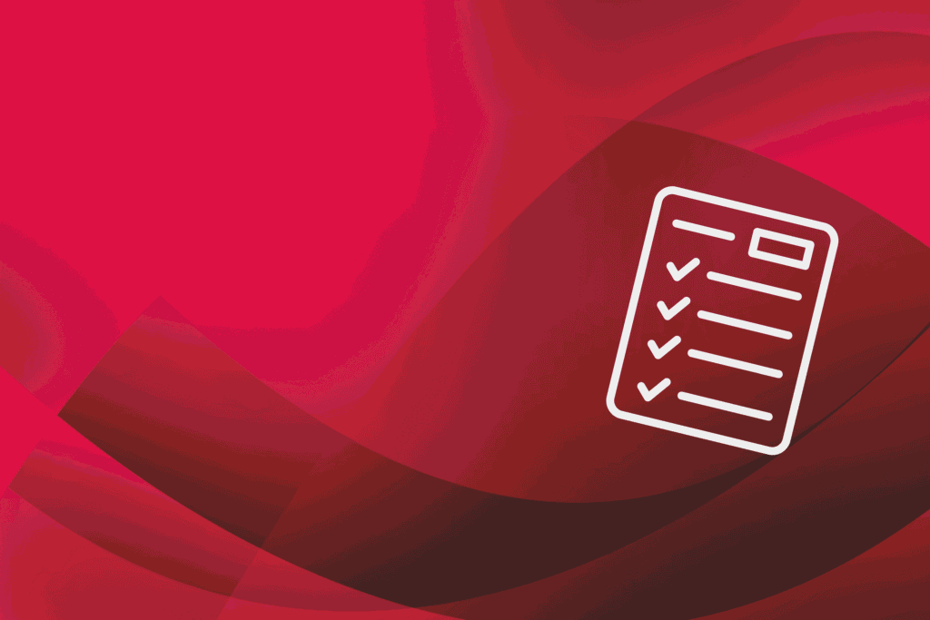 Grafische Illustration mit einem weißen Icon eines Dokuments mit Checkliste vor einem rot-geschwungenen, abstrakten Hintergrund.