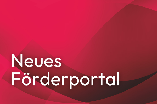 Text 'Neues Förderportal' vor rotem Hintergrund mit dunklen Wellenlinien